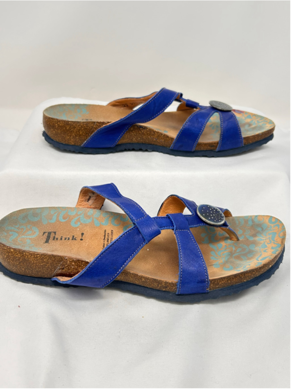Think! Blue Leather Cork Footbed Sandals Size 41